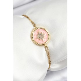 Resim 316L Çelik Zincir Pembe Mineli Sanatsal Portre Kuzey Yıldızı Model Gold Renk Kadın Bileklik 