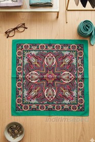 Resim Etnik Desenli Pamuklu Bandana | 52x52 cm Geleneksel Desenli Sokak Stili Unisex Bandana - Yeşil 