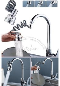 Resim Hortumlu Krom 3 Fonksiyonlu Mutfak Lavabo Başlığı Uzayabilen 360 Derece Döner Musluk Ucu Tasarruflu 
