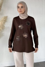 Resim Taşlı Tesettür Anne Penye Bluz Kahve TZL-P-00021462 