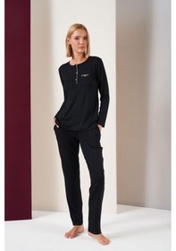 Resim Pjs 26037 Kadın Gorgeous Patlı Biyeli Uzun Kol Pijama Takım Siyah 