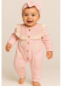 Resim Kız Bebek Çiçek Nakışlı Bandanalı Fırfırlı Tulum Pembe 9340 Pembe 