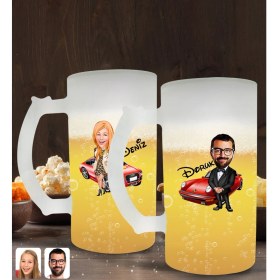 Resim Kişiye Özel Erkek ve Kadın Patron Karikatürlü 2’li Buzlu Cam Bira Bardağı 50CL-1 