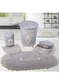 Resim Lisa Gri 6 Prç Banyo Kirli Çamaşır Sepeti ve Paspas Seti Gri 
