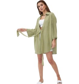 Resim Laluvia Pamuklu Flam Keten Kadın Kimono Gömlek - Haki 