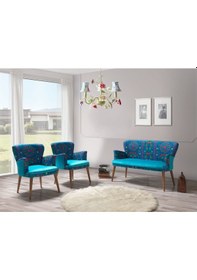 Resim Mobilyabazari Etnik Desen Turkuaz 2+1+1+Sehpalı Çay Seti 