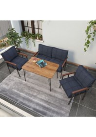 Resim Mygusi Modern Balkon, Bahçe, Cafe - Metal Kanepe Koltuk Takımı - 2+1+1 Masa Lacivert 