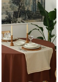 Resim Yakacihome Elora Duck Keten Yıkanabilir Leke Tutmaz Cappuccino Kopenaki Dantel Detaylı Runner 40x140 Cm Krem 