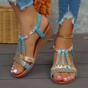 Resim Kadın Rhinestone Dekorlu Sandaletler, Elastik Kayış Yumuşak Taban Tatil Ayakkabıları, Glitter Kaymayan Plaj Kama Ayakkabıları 