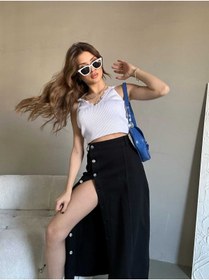 Resim Swet Shop Jeans Kadın Önü Düğmeli Uzun Boy Siyah Likralı Kot Etek 