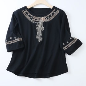 Resim Vintage ilhamlı yeşil işlemeli bluz, kontrast trim ile - Yarım kollu, yuvarlak yaka, bol kesim, sanatsal günlük üst kadınlar için, yaz etkinlikleri, günlük giyim bluz | Vintage tarzı üst | Asimetrik hem şir 