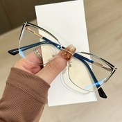 Resim Şık Kedi Gözü Mavi Işık Engelleyici Gözlükler - Modaya Uygun Büyük Çerçeve, Tüm Yüz Şekilleri İçin Düz Ayna Lens, Dekoratif, Karakterli, Çerçeve Tasarımı 