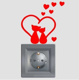Resim levvas Kuyrukları Kalp Olmuş Kırmızı Kalpli Kedicikler Priz Sticker Etiket Kırmızı 2 Adet 88X91 mm 