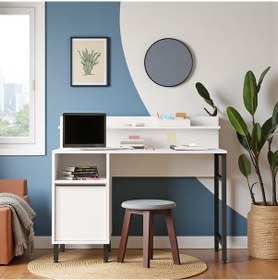 Resim Robin Home Çalışma Masası Genç Çocuk Öğrenci Raflı Dolaplı Beyaz Beyaz 