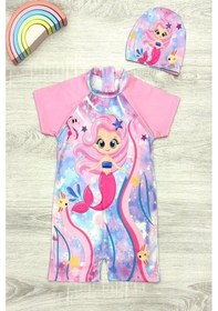 Resim My Kids Wear Dalgıç Kumaş Gizli Fermuarlı Boneli Karakter Desenli Kız Çocuk Mayo Mint Yeşili - Pembe 