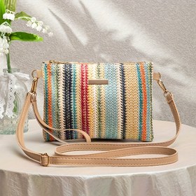 Resim Örgü Hasır Çapraz Askılı Çanta - Hafif Plaj Çantası, Canlı Çizgili Desen, Fermuar Kapatma ve Polyester Astar, Günlük Kullanım, Tatil ve Seyahat Aksesuarı, Dayanıklı Astar 