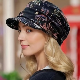 Resim Çiçek Desenli Kısa Kenarlı Yumuşak Şapka - Kışlık Sıcak Polyester Bere, Esnemez Kesim, Elde Yıkanabilir Günlük ve Resmi Kullanım İçin 