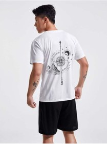Resim LAND MODA Pusula Baskılı Siyah Şort Beyaz Tişört Alt Üst Eşofman Takımı Oversize Bisiklet Yaka 