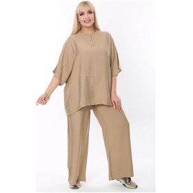 Resim Mia Butik Büyük Beden Bej Yuvarlak Yaka Salaş Takım Bej 