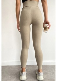 Resim Bonbonetti Chocolate Baby & Kids Fitilli Seamless Çizgili Tayt Yüksek Bel Dayanıklı Örme Kumaş Spor Tayt Toparlayıcı Bej 