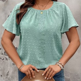 Resim Plus Beden Kadınlar İçin Şık Smocklu Bluz - Siyah Yuvarlak Yaka Kısa Kollu Gömlek, Makinede Yıkanabilir Her Mevsim Üstü Günlük ve Resmi Giyim için, Düğmeli Uzun Kollar, İnci Düğme Detaylı 