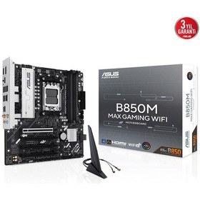 Resim Asus B850m Max Gamıng Wıfı, 4xddr5, 3x M2, Hdmı, Dp, Type-c, Wi-fi 6, Bluetooth V5.4, Am5 Soket Gamıng Anakart 
