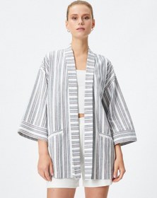 Resim Koton Keten Karışımlı Kimono Cep Detaylı Yarım Kollu Çizgili Multi Renkli 3sak50039ew 3SAK50039EWCSM Çok Renkli 