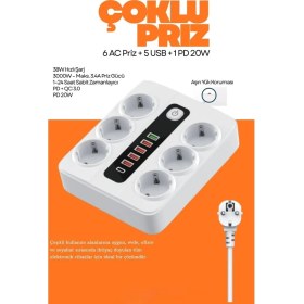 Resim Azurtech 3000W Akıllı Çoklu Priz | 6 Ac Soket + 5 USB + 1 Type-C Pd 20W Hızlı Şarj Güç Çoklayıcı 