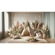 Resim Venspor Pembe ve Yeşil Balonlarla Süslenmiş Çiçekli Çadır Temalı Arkaplan, 200x150cm, Fon, Duvar Örtüsü 