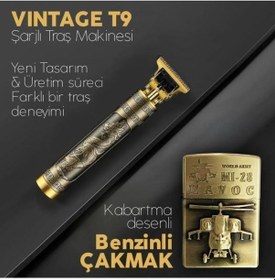 Resim Usb Şarjlı Vintage T9 Traş Makinesı Ve Benzinli Çakmak 