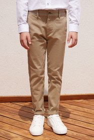 Resim ALTINYILDIZ CLASSICS Bej Slim Fit Dar Kesim Yan Cepli Pamuklu Esnek Çocuk Chino Pantolon 