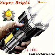 Resim Staaricc Süper Parlak 4-LED Şarj Edilebilir Fener COB Yan Işık, 4 Mod, USB Şarj - Kamp ve Dış Aktiviteler için İdeal, Siyah, Macera Ekipmanı|Şık Tasarım|Abs Reçine Gövde 