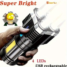 Resim Staaricc Süper Parlak 4-LED Şarj Edilebilir Fener COB Yan Işık, 4 Mod, USB Şarj - Kamp ve Dış Aktiviteler için İdeal, Siyah, Macera Ekipmanı|Şık Tasarım|Abs Reçine Gövde 