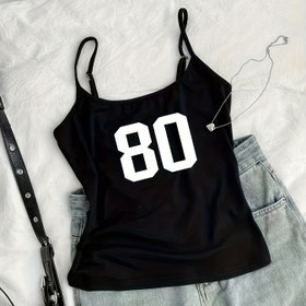 Resim Kadınlar için "203.2cm Grafik Tank Top" - Siyah Askısız Kolsuz Üst, Ayarlanabilir Askılar ile Rahat Yaz Modası, Rahat Giyim Üstü|Çağrışlı Sayı Baskısı|Ayarlanabilir Askı Tasarımı 