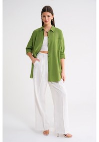 Resim Mixray 4053 Kadın Tek Cepli Oversize Basic Gömlek Fıstık Yeşili 