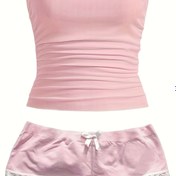 Resim Kadınların Pembe Dantel Detaylı Straplez Üst ve Pantolon Takımı - Sevimli Rahat Kıyafet, Kurdele Detaylı, Polyester Karışımı, Kolsuz Moda, Rahat Kıyafet|Kurdele Detaylı Üst|Polyester Karışımı 
