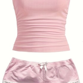Resim Kadınların Pembe Dantel Detaylı Straplez Üst ve Pantolon Takımı - Sevimli Rahat Kıyafet, Kurdele Detaylı, Polyester Karışımı, Kolsuz Moda, Rahat Kıyafet|Kurdele Detaylı Üst|Polyester Karışımı 