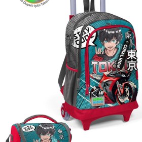 Resim Coral High Kids Gri Nefti Anime Motorsiklet Desenli Üç Bölmeli Çekçekli 3'lü Çanta Seti SET0123964 