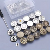 Resim 1 set, bronz ve gümüş renkli 20/40 ayarlanabilir dikişsiz düğmeler içerir - kot pantolonlar için kolay montaj ve düğme tamir aksesuarları için bir tornavida ve kutu ile birlikte gelir 