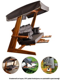 Resim Luna Deluxe 2600 Iroko Beş Kişilik Yatak Olma Ve Ayak Uzatma Sehpalı Ahşap Bahçe Salıncağı Antrasit Minder Seti Dahil Antrasit 