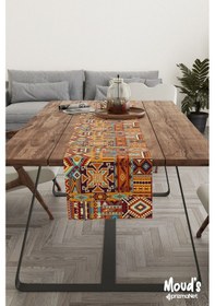 Resim Etnik Kilim Desenli Baskılı Süet Runner Masa Örtüsü 