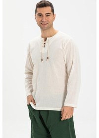 Resim Eliş Şile Bezi Büyük Beden Şile Bezi Uzun Kol Zımbalı Erkek Yazlık Tshirt Krem 3002 Krem 