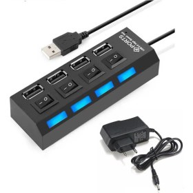Resim Wozlo 4 Port USB 2.0 Çoklayıcı Hub Anahtarlı Işıklı Adaptörlü 