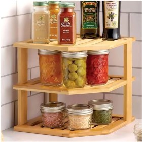 Resim 3 Katlı Bambu Köşe Rafı, Mutfak Organizer ve Depolama, 25X25 cm 