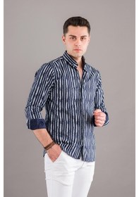 Resim Bican Baskılı Çizgili Yaka Düğmeli Slim Fit Erkek Gömlek 