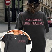 Resim Kadınlar için Geniş Omuzlu T-Shirt - Çift Taraflı "HOT S LIKE TECHNO" Grafik Baskılı, Koyu Yeşil Pembe Harfli, Yuvarlak Yaka Günlük Yazlık Tişört, Makinede Yıkanabilir, Rahat Kesim Gömlek, Şeffaf Olmayan Kumaş 