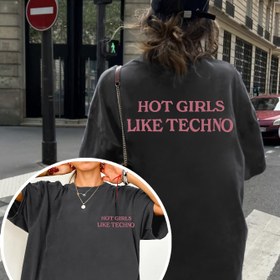 Resim Kadınlar için Geniş Omuzlu T-Shirt - Çift Taraflı "HOT S LIKE TECHNO" Grafik Baskılı, Koyu Yeşil Pembe Harfli, Yuvarlak Yaka Günlük Yazlık Tişört, Makinede Yıkanabilir, Rahat Kesim Gömlek, Şeffaf Olmayan Kumaş 
