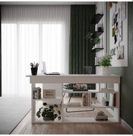 Resim Robinhome Robin Home Martin Kitaplık Raflı Çalışma Masası L Ofis Masası Bey Beyaz 