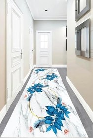 Resim Pelangi Mermer Desenli Yaprak Desenli Dijital Baskı Yıkanabilir Kaymaz Taban Salon Halı ve Yolluk, Mavi-Beyaz 100 x 350, 95546501003507 