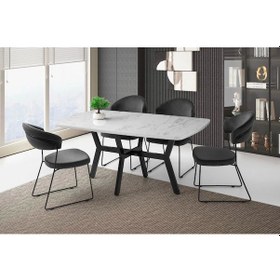 Resim Adel Parlak Ahşap Sabit Yemek Masası Beyaz Mermer Desen - 4 Sandalye Takım 